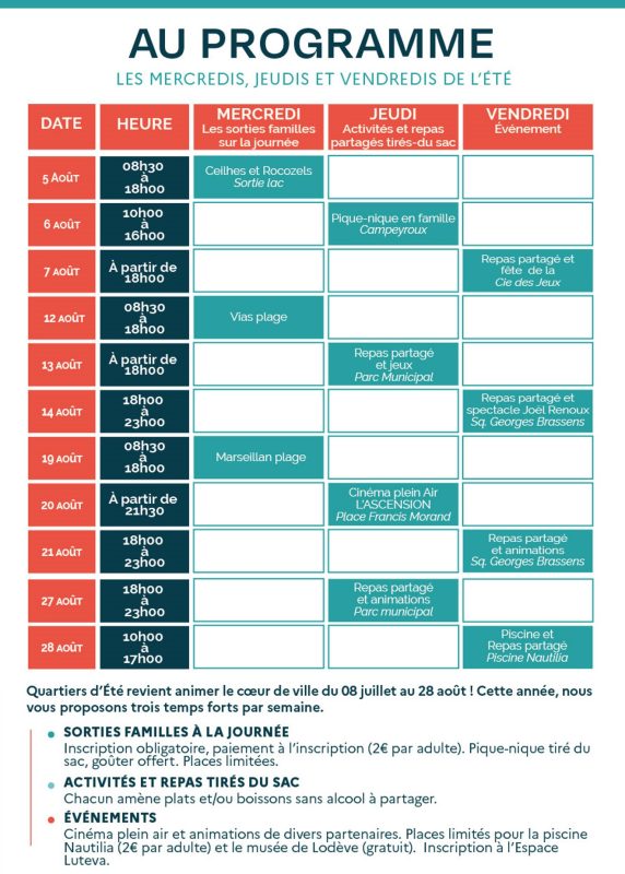 Quartiers d'été 2026 programme août